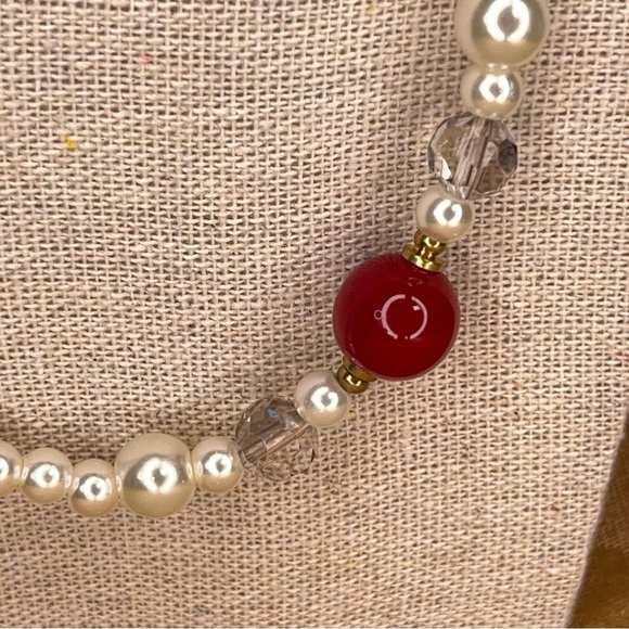 LAYERED BEADED NECKLACE RED IVORY WHITE 30” VINTAGE RETRO - Picture 7 of 9
